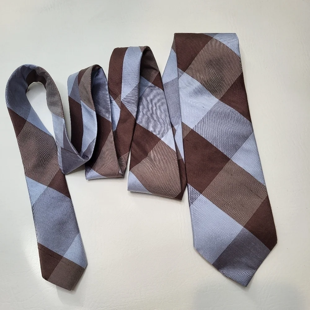 Peter Millar neck tie light blue brown plaid 100% shantung silk - Picture 4 of 6
